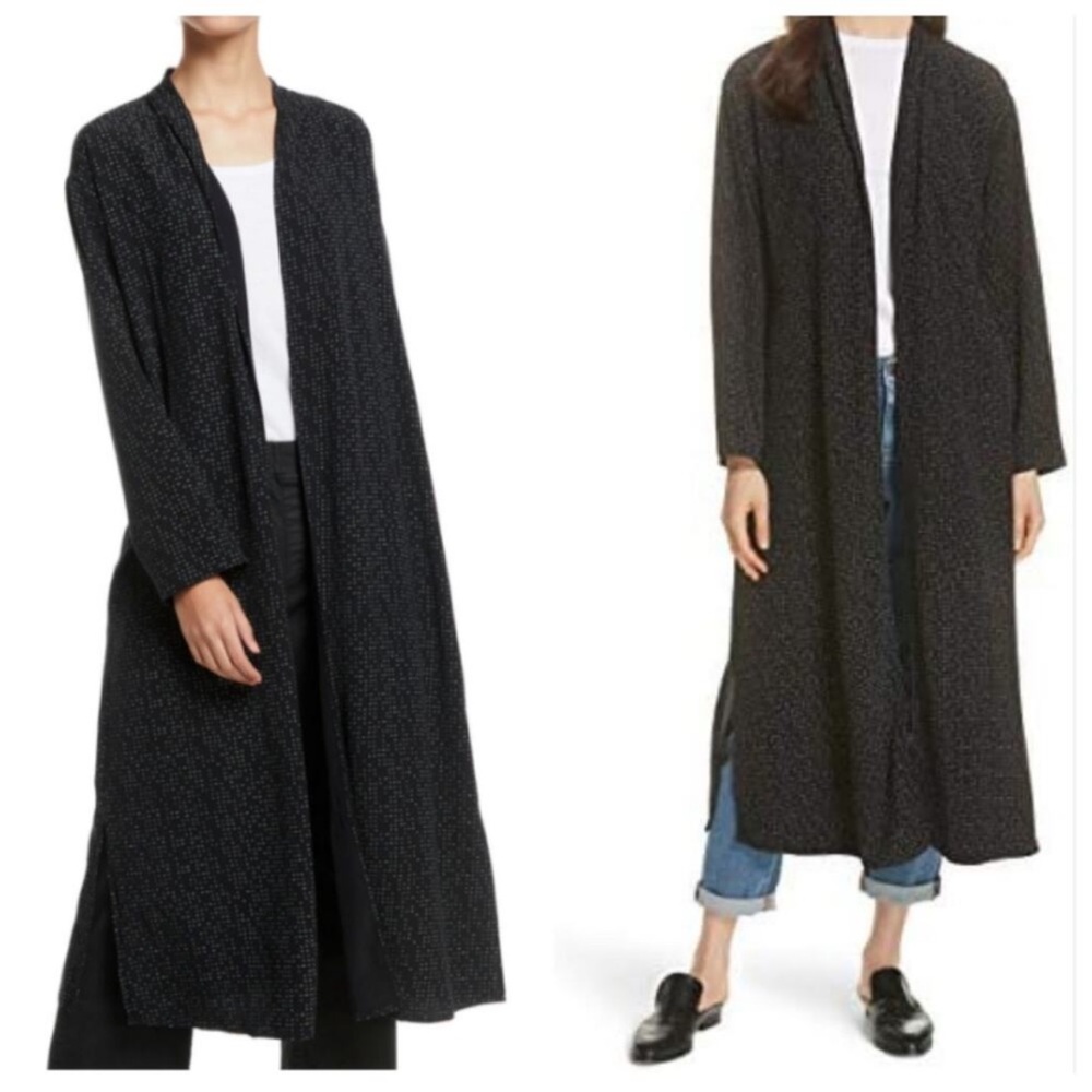 NEW! EILEEN FISHER Morse Code Black Belted Long Kimono Jacket L